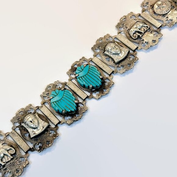 Vintage Egyptian Revival Bracelet: Turquoise Scarabs Art Deco Panel Filigree - Picture 1 of 5